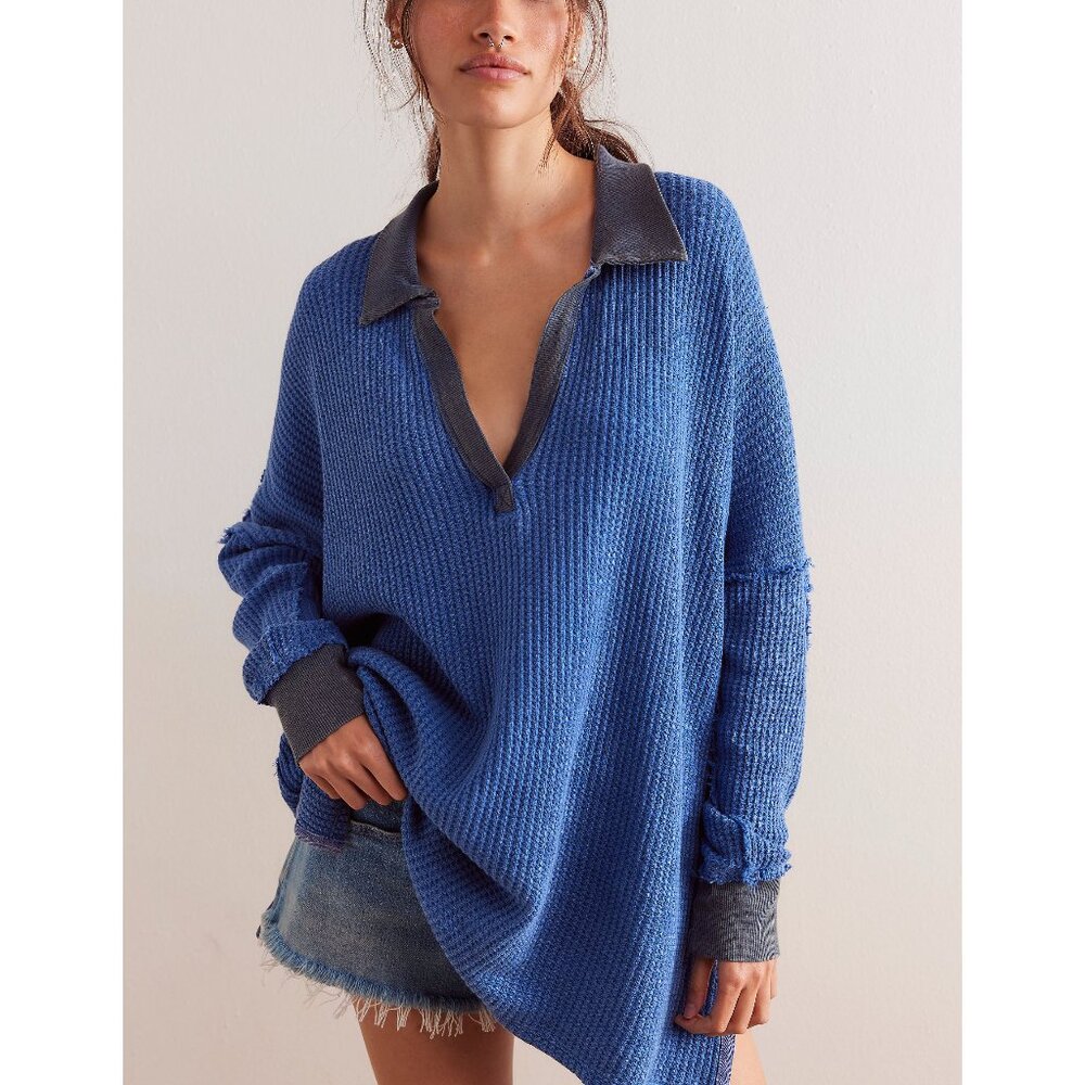 NWT FREE PEOPLE We The Free Travis Polo / Dutch Blue